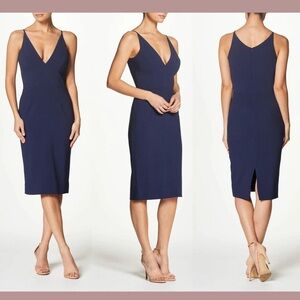 Dress The Population - Women's Lyla Dress V-Neck Crepe Navy Blue Midi Dress S